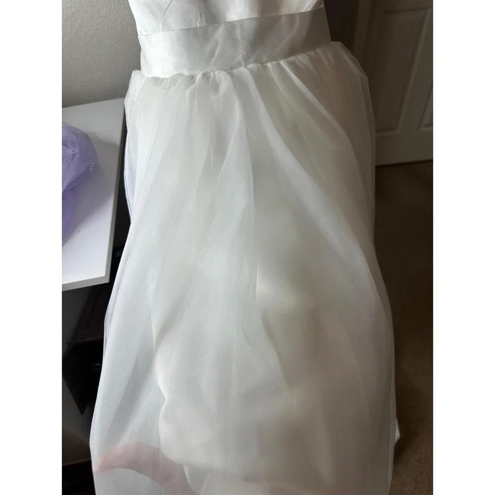 Flower Girl Dress Kids 4Y White Good Satin Tulle Big Bow V-Back Gown